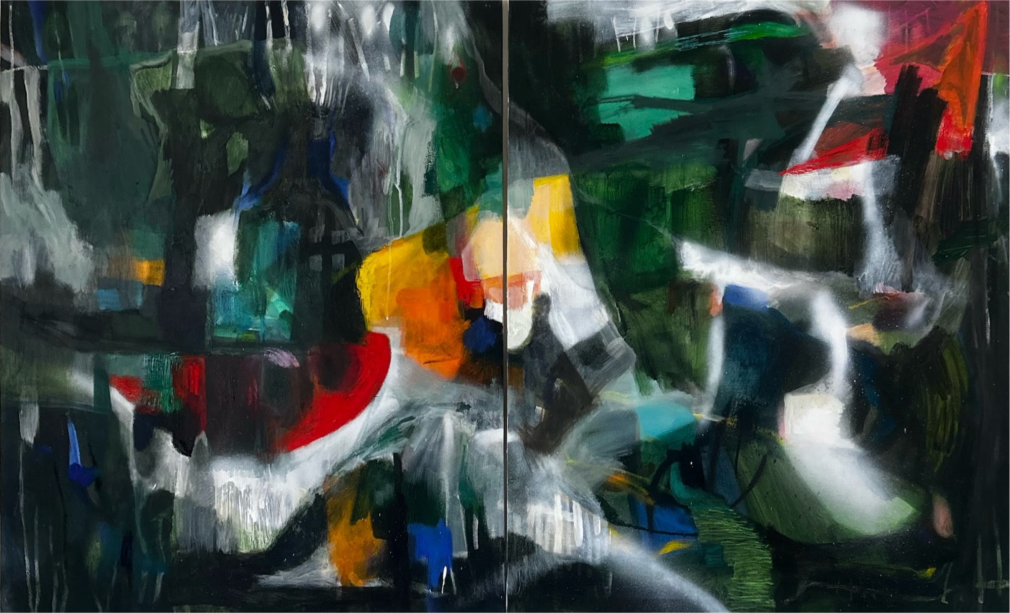 Dark abstract diptych with bursts of color