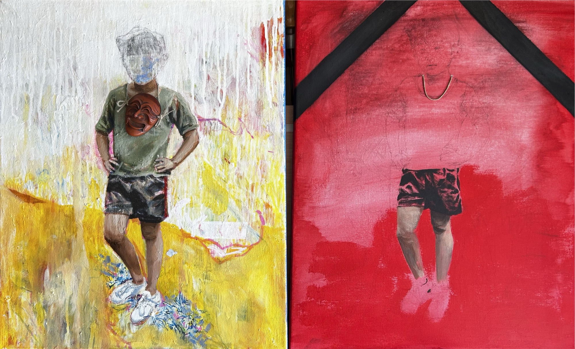 Figure diptych — youth against yellow and red fields