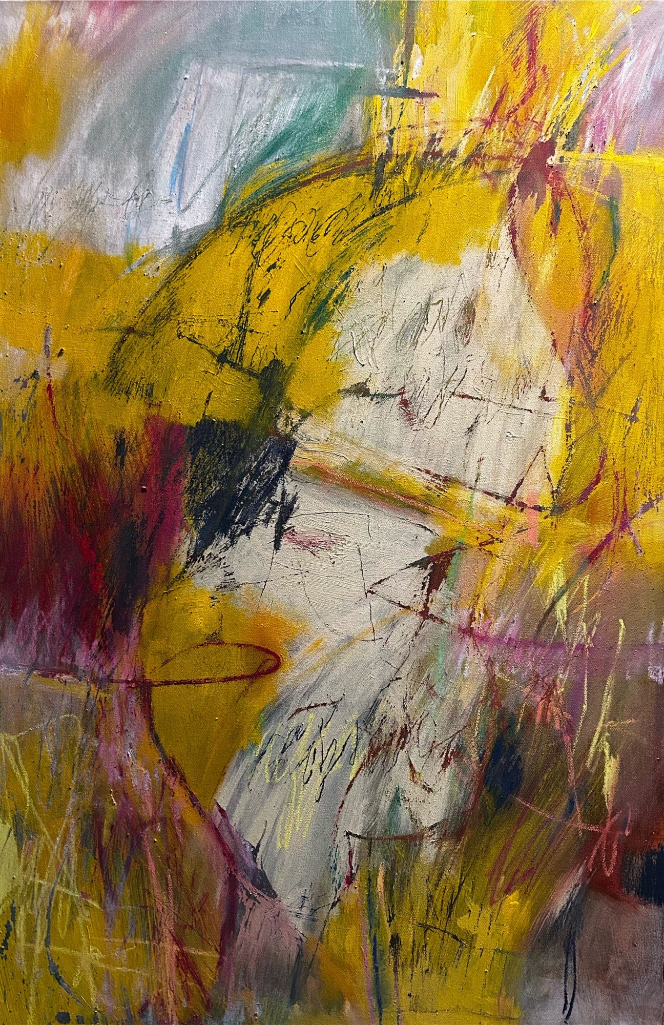 Gestural abstraction in ochre, white, teal, and burgundy